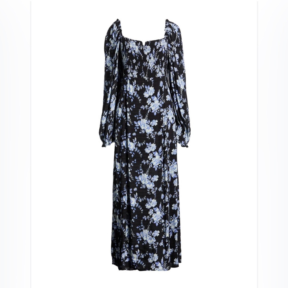 Free People Jaymes Midi Dress in a black floral print with long sleeves -Small